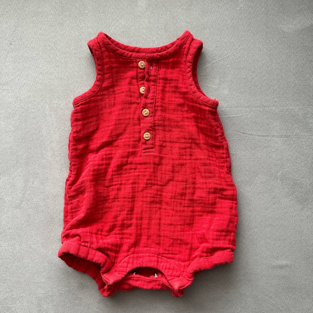 Unisex Sleeveless Henley Romper - 3-6Months - Red